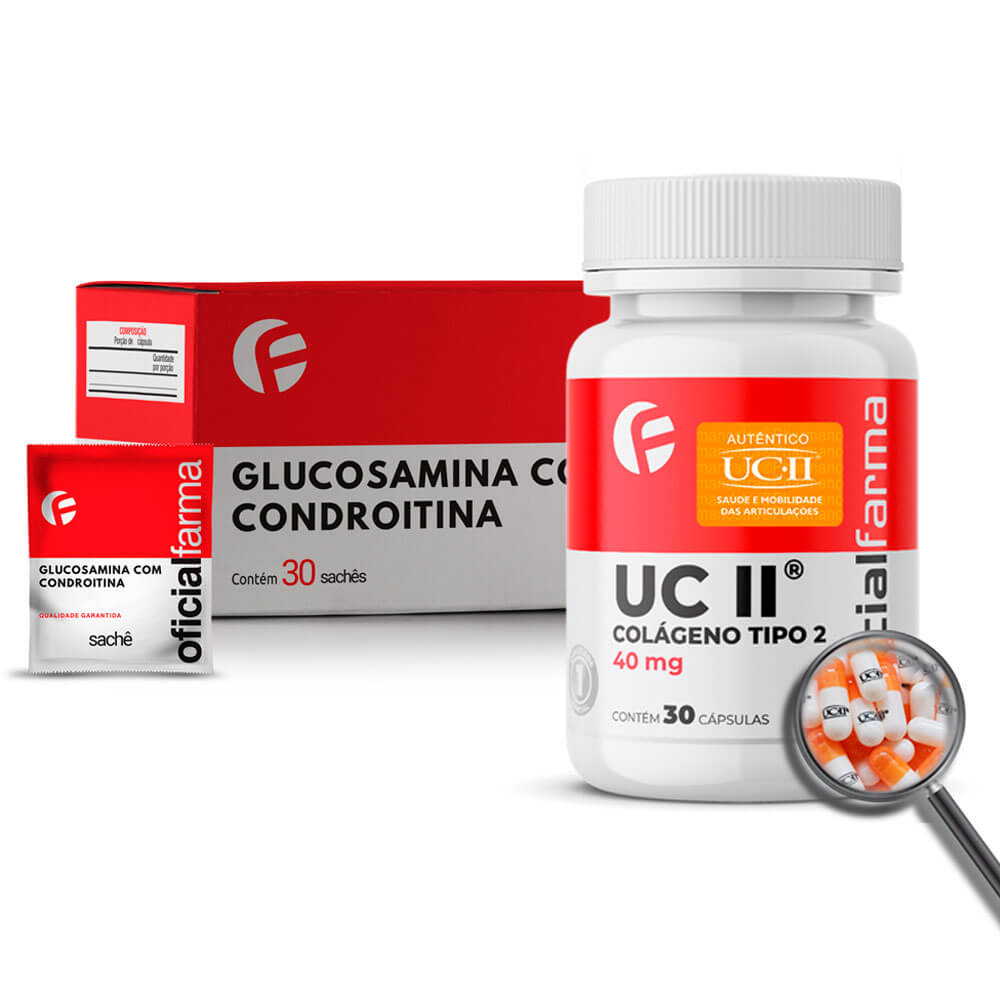 Uc II (Col&aacute;geno tipo 2) 40mg 30 C&aacute;psulas + Glucosamina com Condroitina 30 Sach&ecirc;s